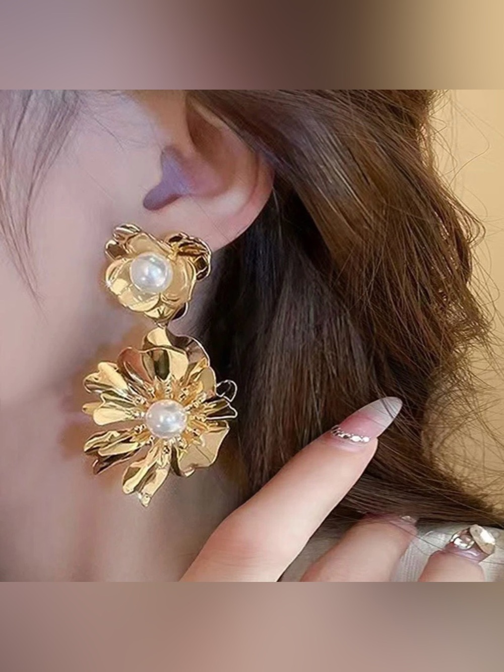 Gold Flower Drop Earrings with Pearl Centers